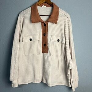 Jodifl Oversized Slouchy Waffle Knit Shirt 1/2‎ Button Boho Farmhouse Pockets Sm